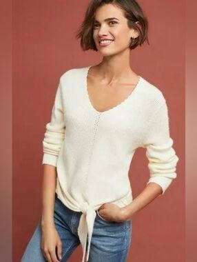 Moth Freeport Ribbed Tie Front Sweater from Anthropologie Cream  XS